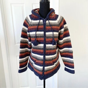 Wool Blend Chunky Knit Striped Boho Hoodie  Sweater Jacket